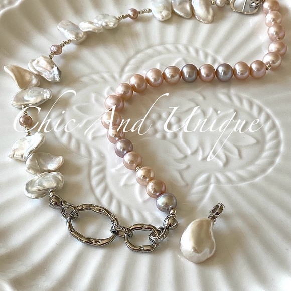 N2-Handmade Half Petal Pearls Half Candy Color Pearl Necklace - Picture 7 of 9